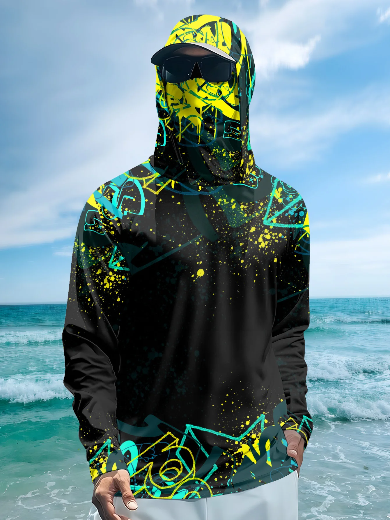 Fishing Mask Sun Protection - Мужская футболка с капюшоном для рыбалки,